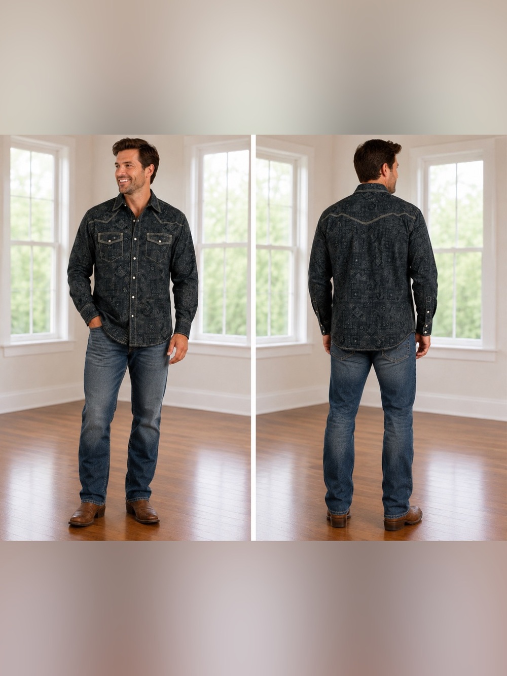 MontanaCo Black Western Pearl Snap Button Shirt 100% Cotton Bandana Print